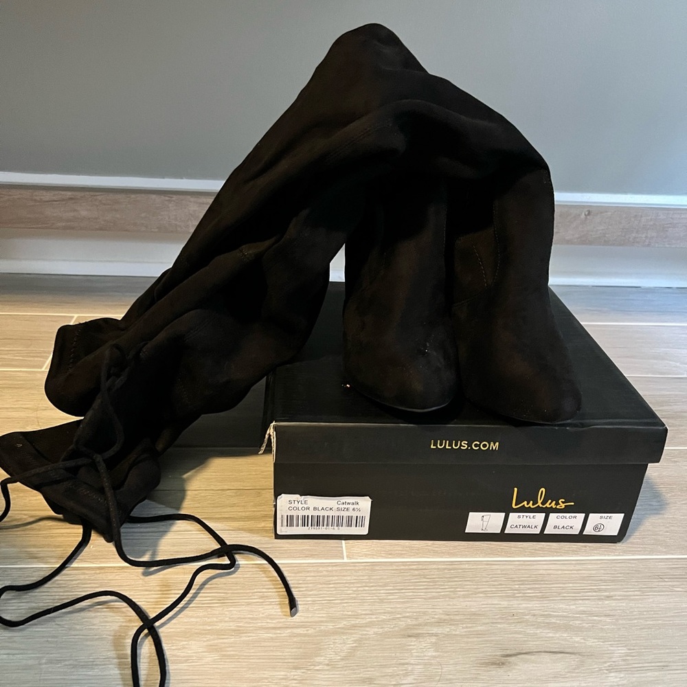 Lulus Catwalk Strut Black Suede over the knee boots